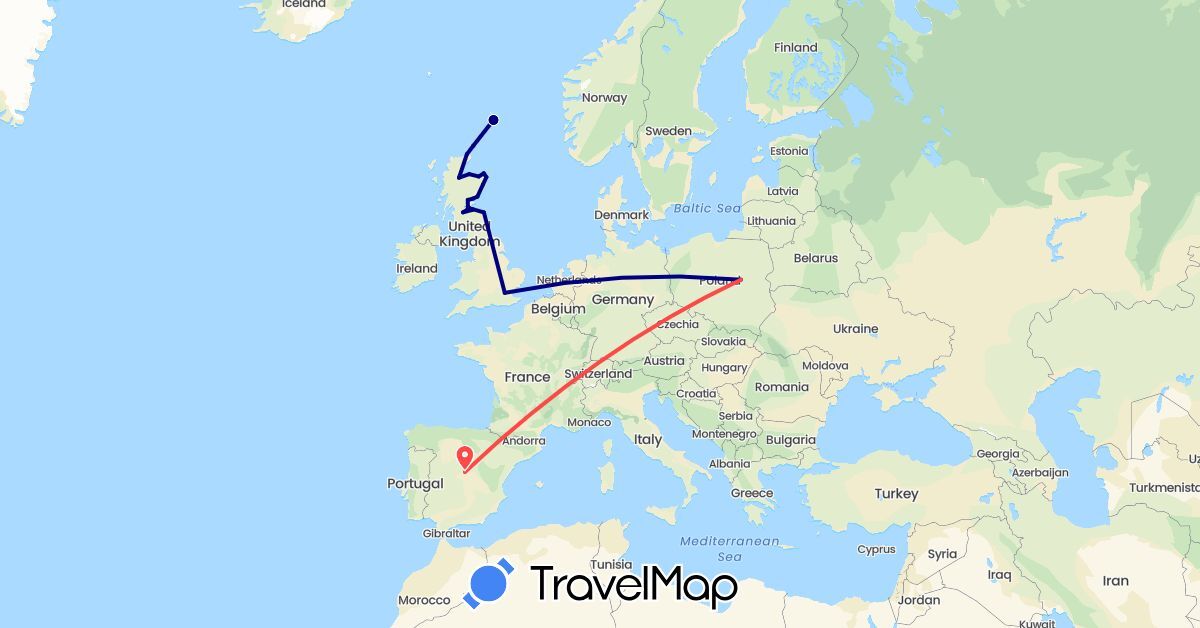 TravelMap itinerary: driving, hiking in Spain, United Kingdom, Poland (Europe)